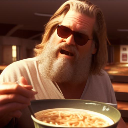 CytecK's tweet photo. El Big Lebowski comiendo ramen, dibujado por una IA #StableDiffusion2 https://t.co/xS9VvGDOfq