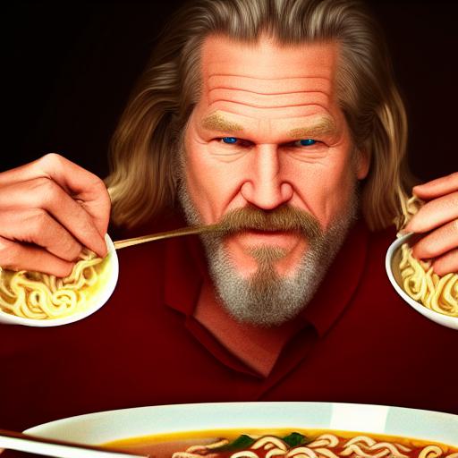 CytecK's tweet photo. El Big Lebowski comiendo ramen, dibujado por una IA #StableDiffusion2 https://t.co/xS9VvGDOfq