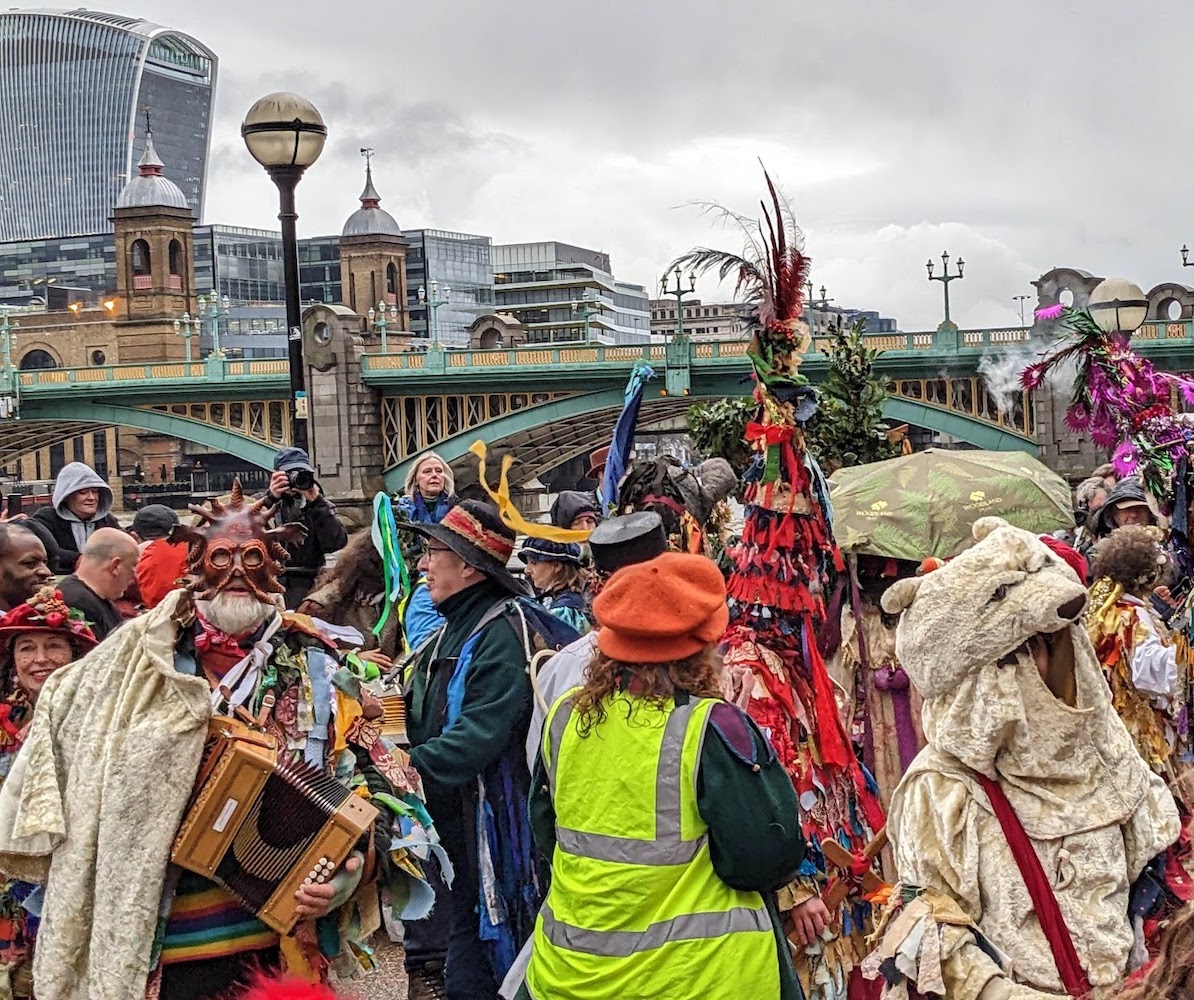A Twelfth Night (or maybe fifteenth day) Wassail at London's Bankside, with the Holly Man and Mummers from <a href="/thelionspart/">the Lions part</a>.