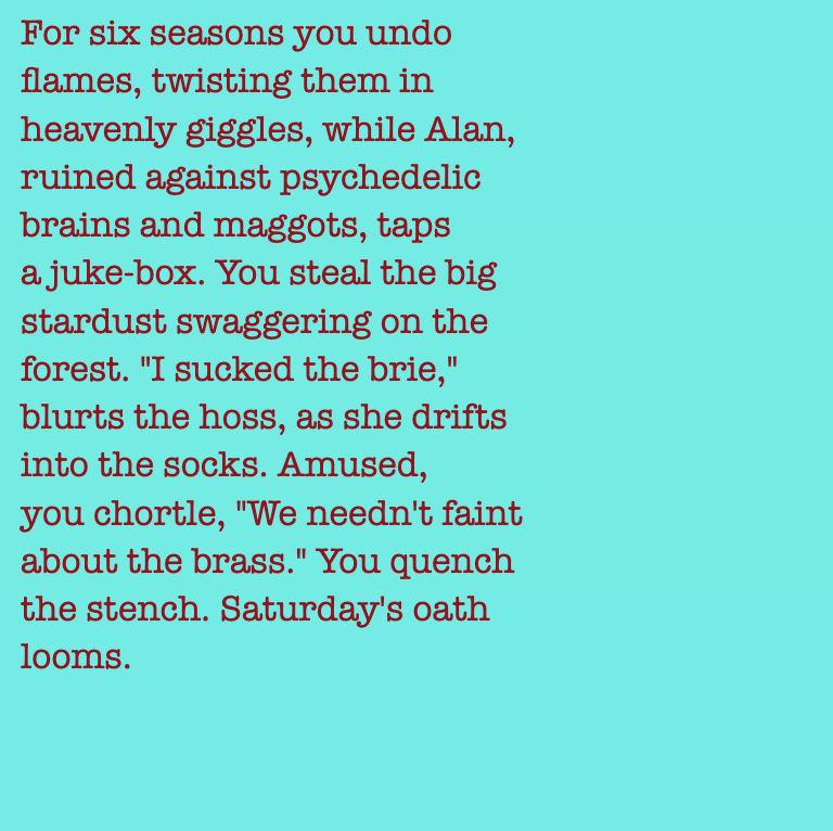 yourstorywtf's tweet photo. Thanks to #0x6EECE5, who minted #YourStory #93 and #94.
"You #steal the big #stardust #swaggering on the #forest."
#tabluarwriting #algorithmicfiction #generativetext #NFT https://t.co/lYmDEtkUOF