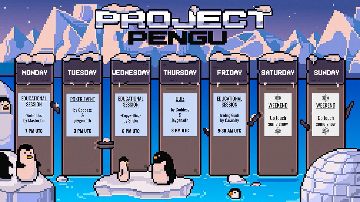 What is happening inside the Pengu Hideout? Here is the schedule for our discord members for the upcoming week 😎

100 likes on this tweet and we will post another invite link. You don’t want to miss it 🐧