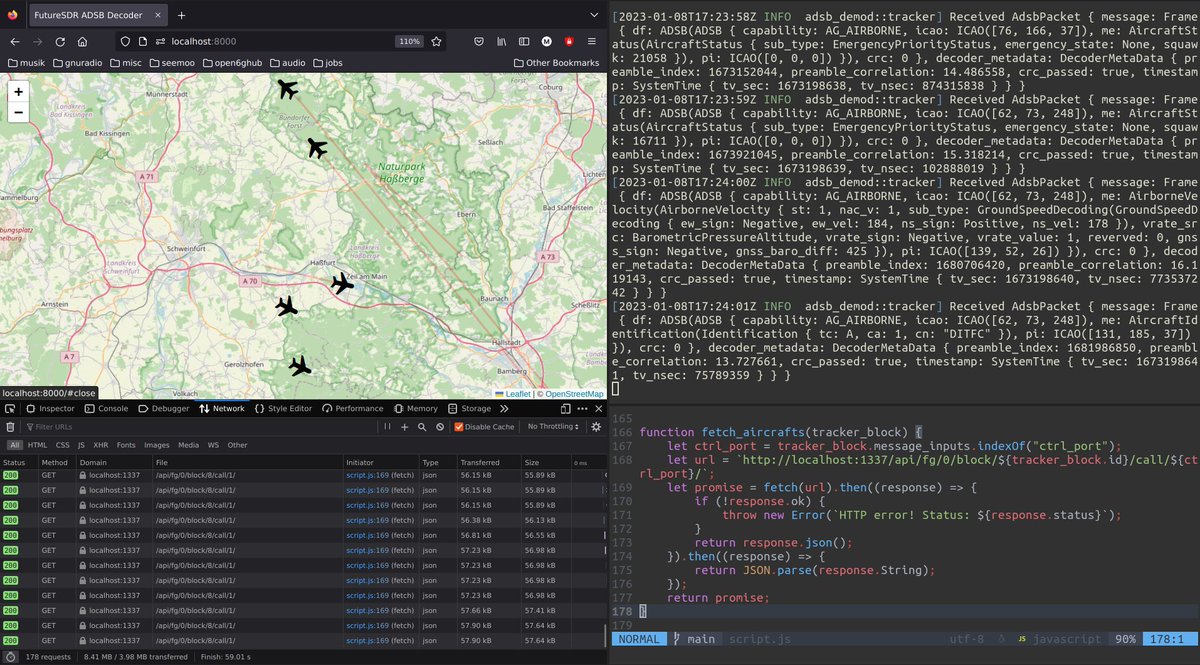 FutureSDR's tweet photo. Anders Kalør (https://t.co/mnQvMMrABh) contributed an ADS-B receiver that makes a nice example how FutureSDR can be used with 3rd-party decoders (in this case adsb_deku of @wcampbell42) and a custom web interface. https://t.co/ztHUwa8aBl https://t.co/DN00XzTQCB
