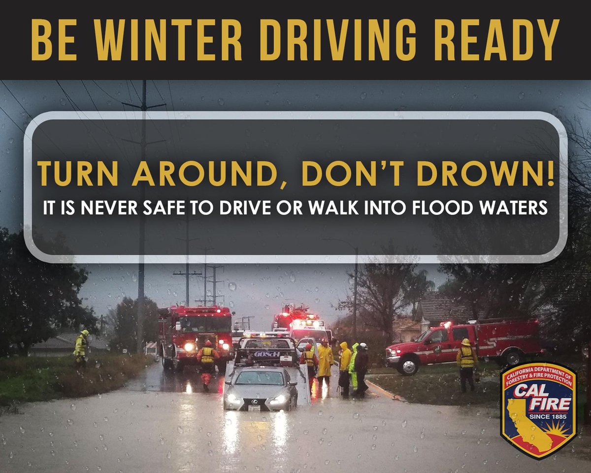 calfireSCU's tweet photo. You see the body of water on the road ahead of you. You hesitate to cross and ponder if you should drive through it. You don’t know what’s under the water’s surface, how fast the water is moving, or if a sinkhole is forming. Turn around and be safe—it’s not worth the risk! https://t.co/Dkozu0qT8d