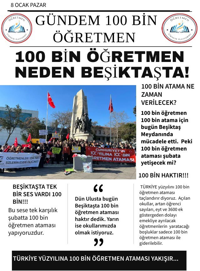 OgretmnEtkinlik's tweet photo. 📢 Türkiye yüzyılına 100 bin öğretmen ataması yakışacak!..
📢 100 bin öğretmen gündemde!..
📢 Susmayın öğretmenlerim haykırın 100 BİN HAKTIR!..
💥 Aydınlık günlere kavuşmamız için!..
💥 Hedefimiz 1 Mn tweet öğretmenlerim!..

@tcmeb
@RTErdogan

#YüzBinÖğretmenBeşiktaşta https://t.co/GSjNRGhpsU