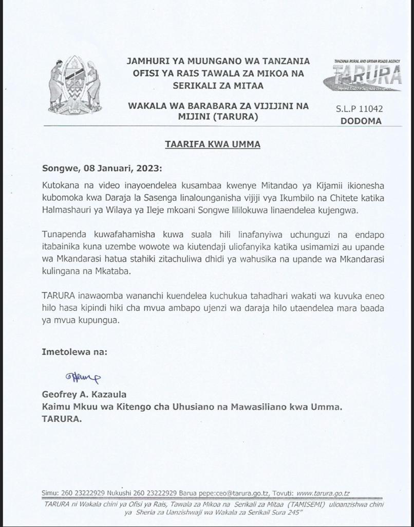 charitNews's tweet photo. Taarifa Kwa Umma kutoka @TaruraTz kuhusu video inayo onyesha kubomoka Kwa daraja Sasenga Wilayani Ileje Mkoani Eongwe. https://t.co/cQPuPogGSB
