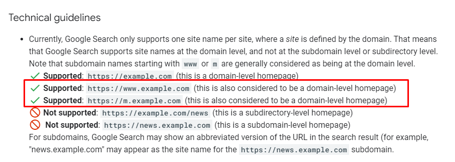 glenngabe's tweet photo. Google updated its documentation about site names in the SERPs. Google supports site names at the domain-level, not subdomain or subdirectory. But, m-dot and www are considered domain-level to Google. Learn more in the support doc: https://t.co/u25sK2VdfS https://t.co/Bl63DoI96Q