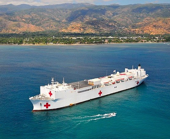 The Military Sealift Command hospital ship #USNSMercy (T-AH 19) sits anchored off the coast of Dili, Timor Leste, July 19, 2008.