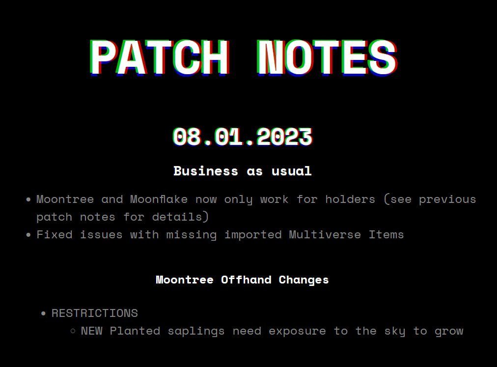 ExosamaNFT's tweet photo. Here are today's patch notes.

Take note of the changes to the new Offhands: Moontree and Moonflake.

Remember to stake it in the Multiverse Portal so you can use it today.

See you in Carnage! 🔥 https://t.co/P4QkvnVGa9