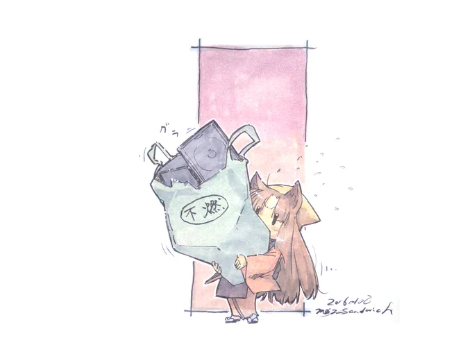 【2016年の今頃】この頃はラフから塗りまで一気に描いてたので、書いてある日付がそのまま完成の日のはず。年明けでごみ出しをしたのが絵に出ています。#気まぐれ再掲 #水彩 #狐娘 #原画 #アナログ絵 
