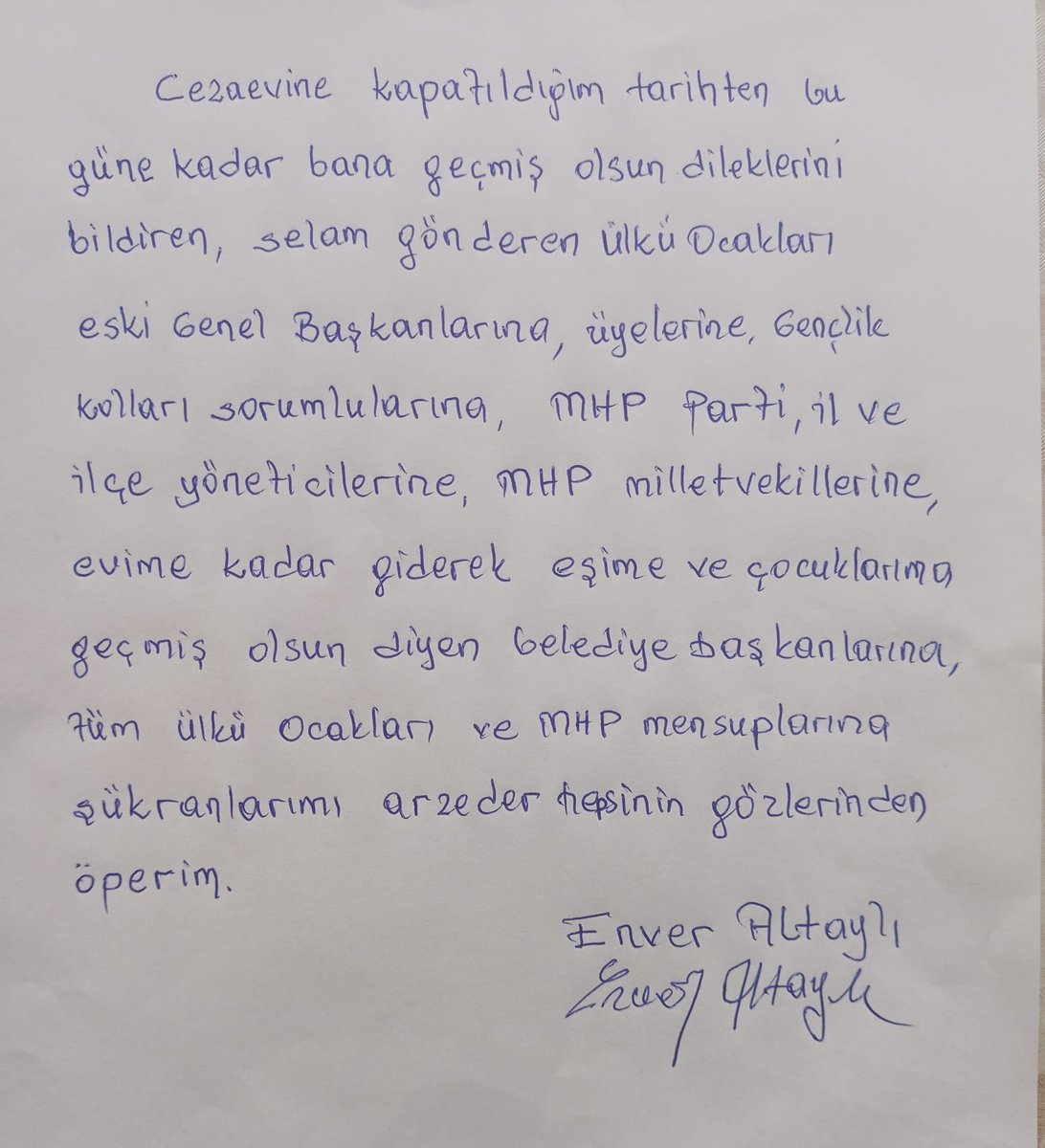 AltaylEnver's tweet photo. #EnverAltaylı, 08.01.2023
Alparslan Türkeş'in eski dava arkadaşlarından Enver Altaylı'nın cezaevine girdiği süreçte, yanında olan Ülkü Ocakları ve MHP ilgililerine yönelik özel teşekkür mesajı: https://t.co/KSJiJrKi39