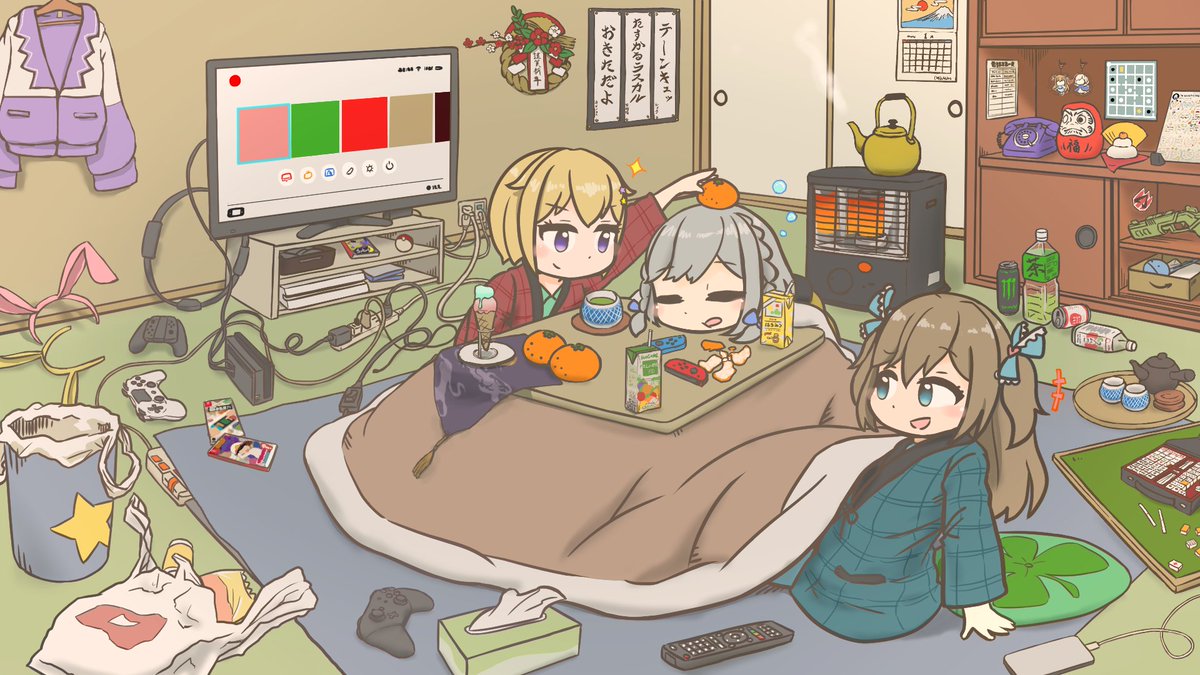 controller multiple girls kotatsu table 3girls calendar (object) fruit  illustration images