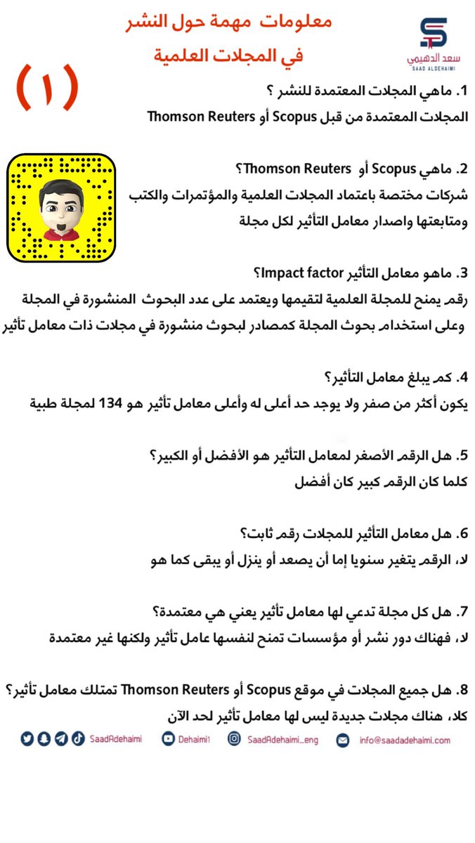 saadAdehaimi's tweet photo. ٢١ نصيحة حول النشر في مجلة علمية معتمدة.

والنشر العلمي له أهمية كبيرة سواء للحصول على شهادة #الماجستير أو #الدكتوراه التي تشترطها بعض الجامعات.

#مدونة_سعد_الدهيمي https://t.co/2Rqi5qi1GO