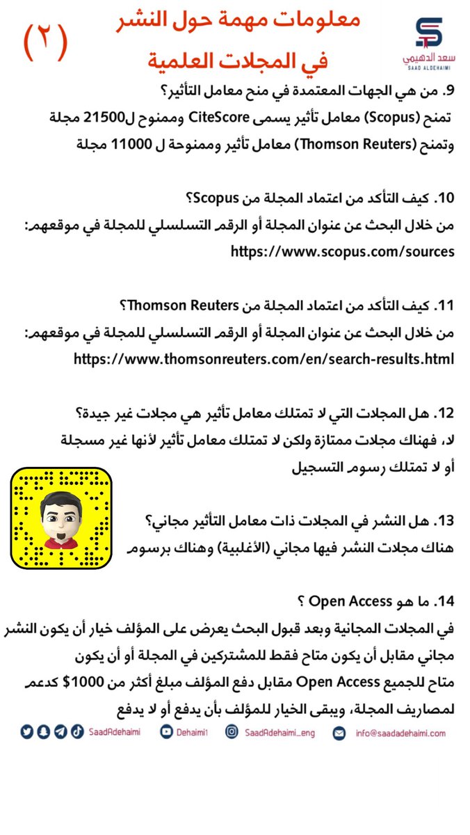 saadAdehaimi's tweet photo. ٢١ نصيحة حول النشر في مجلة علمية معتمدة.

والنشر العلمي له أهمية كبيرة سواء للحصول على شهادة #الماجستير أو #الدكتوراه التي تشترطها بعض الجامعات.

#مدونة_سعد_الدهيمي https://t.co/2Rqi5qi1GO