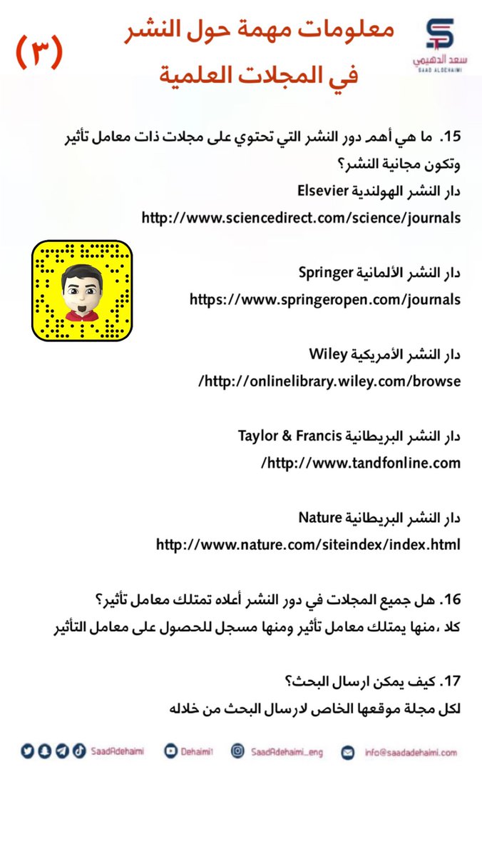 saadAdehaimi's tweet photo. ٢١ نصيحة حول النشر في مجلة علمية معتمدة.

والنشر العلمي له أهمية كبيرة سواء للحصول على شهادة #الماجستير أو #الدكتوراه التي تشترطها بعض الجامعات.

#مدونة_سعد_الدهيمي https://t.co/2Rqi5qi1GO