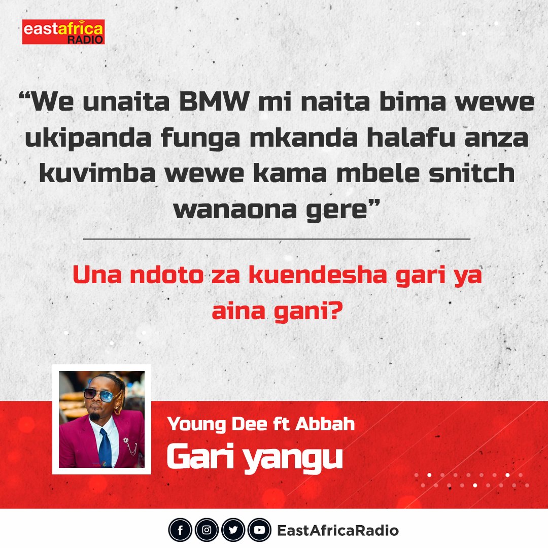 earadiofm's tweet photo. #NowPlaying Gari yangu ya @yungdaresalama ft #Abbah
Una ndoto ya kuendesha gari ya aina gani?
#NowPlaying https://t.co/06UXNyjIB4