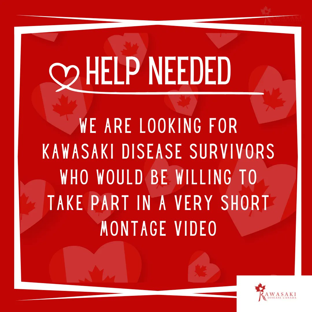 KawasakiDisCan's tweet photo. Leading up to #KawasakiDiseaseAwarenessDay we are looking for #Kawasakidisease #survivors who would be willing to participate in a short #montagevideo If you are interested in helping or #formoreinformation please respond to this tweet or email leora@kdcanada.org by Jan 11 https://t.co/qjEju6u6ZC