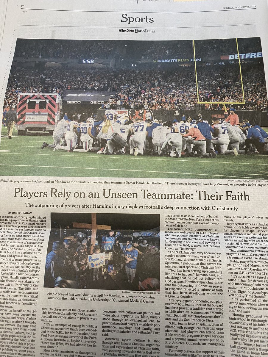 wolfblitzer's tweet photo. We are all so grateful that Damar Hamlin of the @buffalobills continues to recover but our prayers for him continue for a complete recovery. Check out this @nytimes headline in this morning’s Sunday paper. https://t.co/N2IKk48Qmt