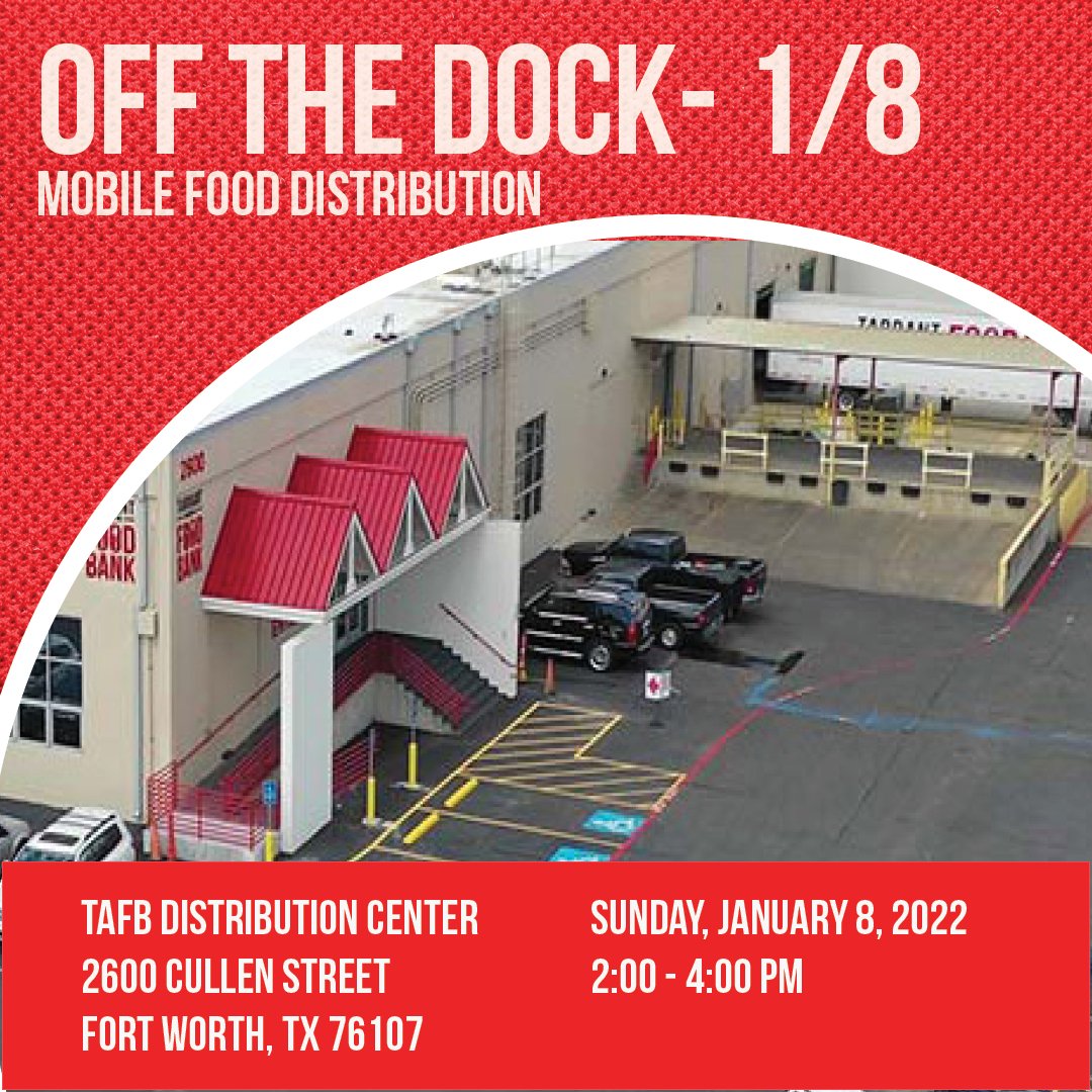 TAFoodBank's tweet photo. TAFB is hosting an Off the Dock mobile distribution on Sunday, January 8th from 2:00 - 4:00 pm. This will be our last Off the Dock event. For additional food resources, please use our find food map at https://t.co/HXMzeUdIJR #tafb #megamobile https://t.co/zHolSZuDsg