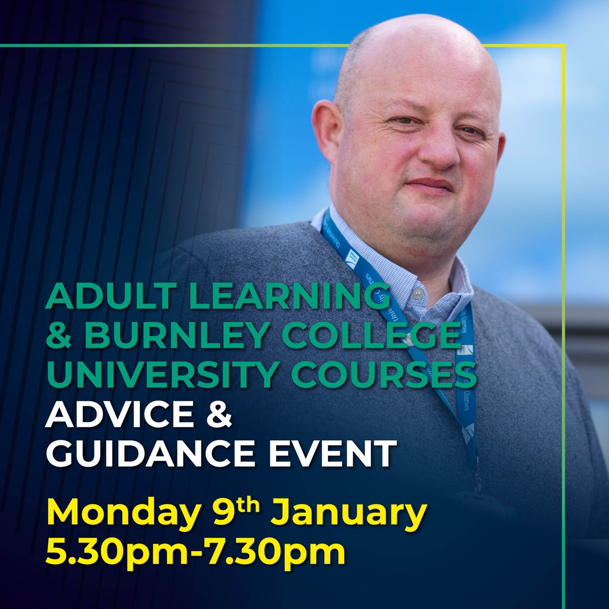 BurnleyUni's tweet photo. Advice and Guidance Event / Monday 9 January 5:30pm - 7:30pm
Our monthly Advice and Guidance Events are back in 2023 - chase your dream career and achieve greatness.

Click the link below to book your place👇
https://t.co/QA0FZh2e9Y

#university #advice #guidance #newyear #future https://t.co/NSoeJdXMRF