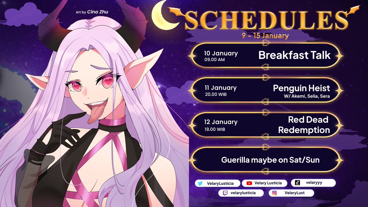 VelaryLusticia's tweet photo. Velary's 9th - 15th January Schedule💜

🟣Tags:
#VelaryLusticia (General)
#VelAlbum (Art)
#VelClips (Clip)
#LUSTicia (NSFW)

🟣You can find my streams on:
https://t.co/viul6wOuhB https://t.co/hbxbPCv4Nv