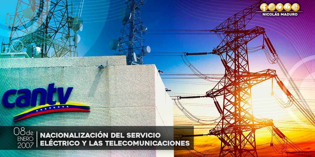 Hace 16 años nuestro Comandante Chávez anunció la decisión de nacionalizar el sector eléctrico y las telecomunicaciones para garantizar el desarrollo, el bienestar y la seguridad del país, poniendo estos servicios en manos del Pueblo.