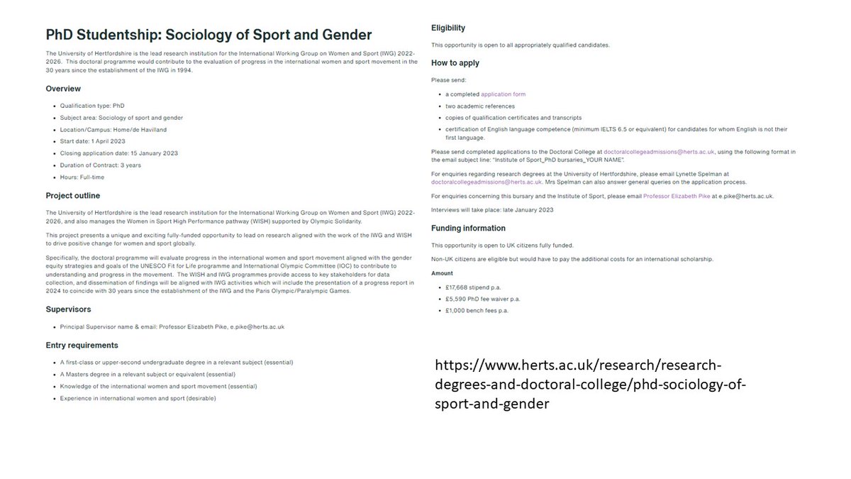 Elizabeth CJ Pike (@elizabethcjpike) on Twitter photo Last week to apply for fully funded PhD studentship <a href="/UniofHerts/">University of Hertfordshire</a> to contribute to promoting #genderequality in #sport & be involved in <a href="/IWGWomenSport/">IWG Women & Sport</a> #womeninsport. Closing date Jan 15 2023. #sharethechange Last week to apply for fully funded PhD studentship <a href="/UniofHerts/">University of Hertfordshire</a> to contribute to promoting #genderequality in #sport & be involved in <a href="/IWGWomenSport/">IWG Women & Sport</a> #womeninsport. Closing date Jan 15 2023. #sharethechange