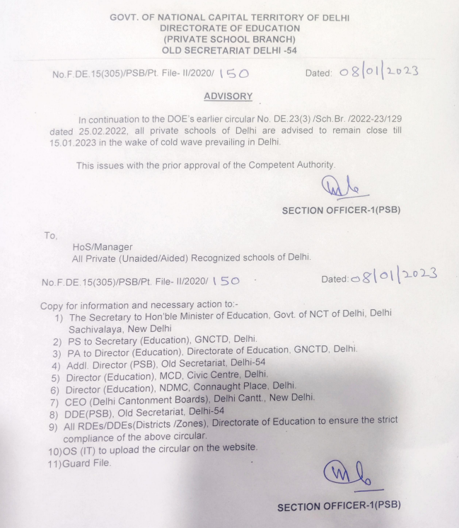 All private schools of Delhi are advised to remain closed till 15th January 2023 in wake of cold wave prevailing in Delhi: Directorate of Education, Government of Delhi