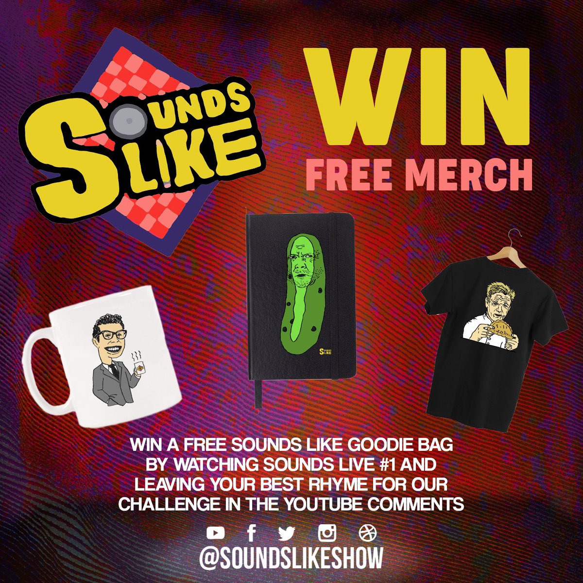 Competition time - jump in feet first,
Watch Sounds Live episode 1 as research,
Listen to the rhyming challenge - comment rhyming key words,
And you could win a goodie bag of  Sounds Like free merch,
Like this mug, notebook and Gordon Ramsay T-shirt!

https://t.co/9NdhXjerl6 https://t.co/Pwv4i20iQl