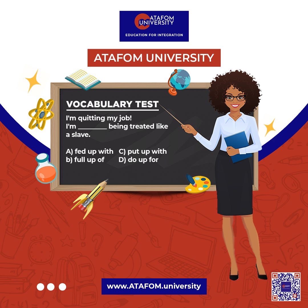 #test #englishtest #vocabularytest
#ATAFOMUniversity #EducationforIntegration #ATAFOM
#SakirYavuz #internationaluniversity #onlineuniversity #nigeriauniversity #zambiauniversity #southafricauniversity #indiauniversity
#turkeyuniversity #germanyuninversity #beninuniversity