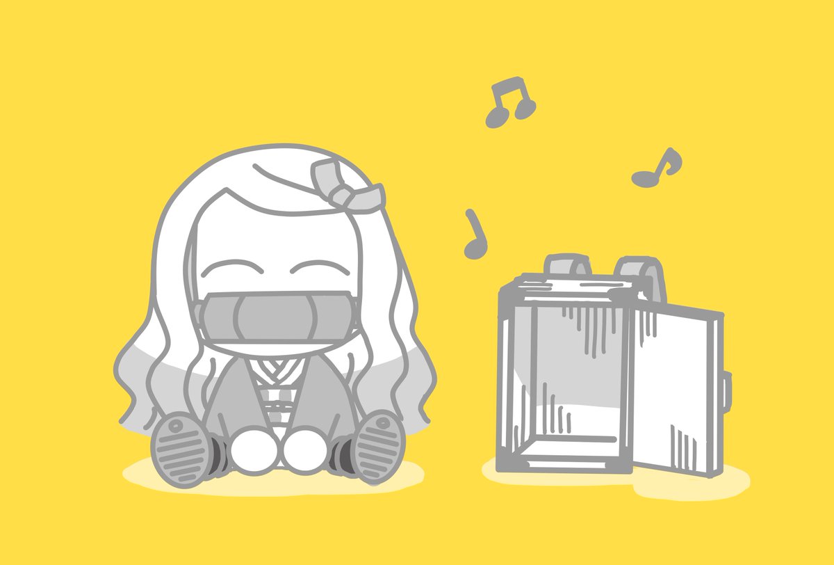 kamado nezuko 1girl solo chibi sitting musical note long hair yellow background  illustration images
