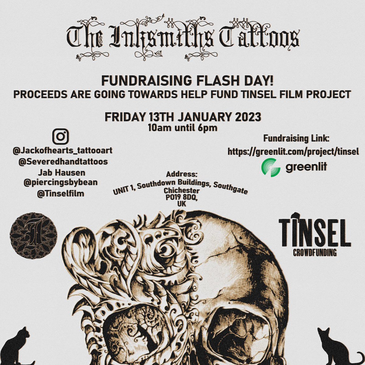 TinselFilm's tweet photo. If you fancy getting a tattoo, or another one make sure to come along to a flash tattoo day in sponsor of our short film Tinsel! Happening next Friday, the 13th January!

#tattoo #chi #chichester #Portsmouth #Hampshire #tattoos #shortfilm https://t.co/5MRGs0Mj0Z