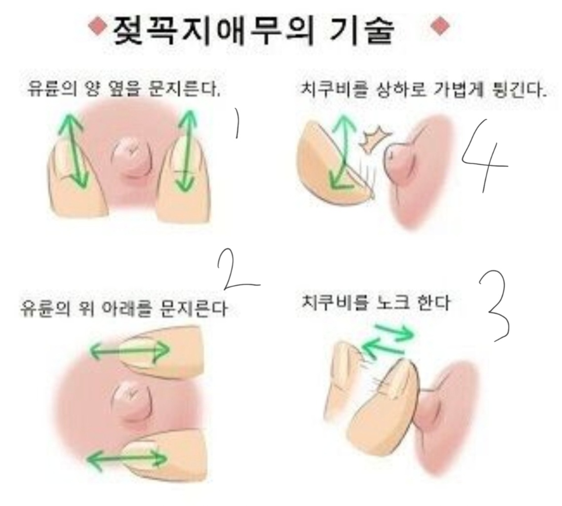 유두를 개발하고 싶어하거나 애무하고 싶어하지만 방법을 모를 때 가장 기본적인 방법. 순서대로 문지르기, 건드리기, 튕기기로 진행하는게 가장 효과적이다. 한 단계당 기본적으로 5분은 진행하며, 세게하면 쓸릴 수 있으므로 충분히 미끄러운 윤활제 사용을 추천한다. # 유두를 개발하고 싶어하거나 애무하고 싶어하지만 방법을 모를 때 가장 기본적인 방법. 순서대로 문지르기, 건드리기, 튕기기로 진행하는게 가장 효과적이다. 한 단계당 기본적으로 5분은 진행하며, 세게하면 쓸릴 수 있으므로 충분히 미끄러운 윤활제 사용을 추천한다. #