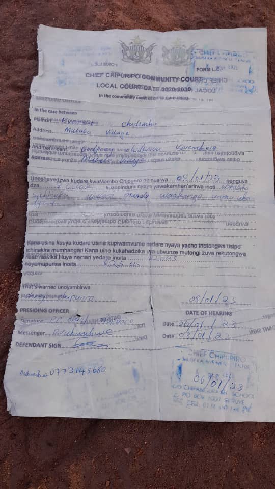 daddyhope's tweet image. MadziBaba VeShanduko is a prominent Zimbabwean opposition party supporter who has been politically persecuted!

He lives in rural Zimbabwe where pro-ruling party traditional Chiefs wield and abuse immense power.

MadziBaba received this letter summoning him to a traditional court