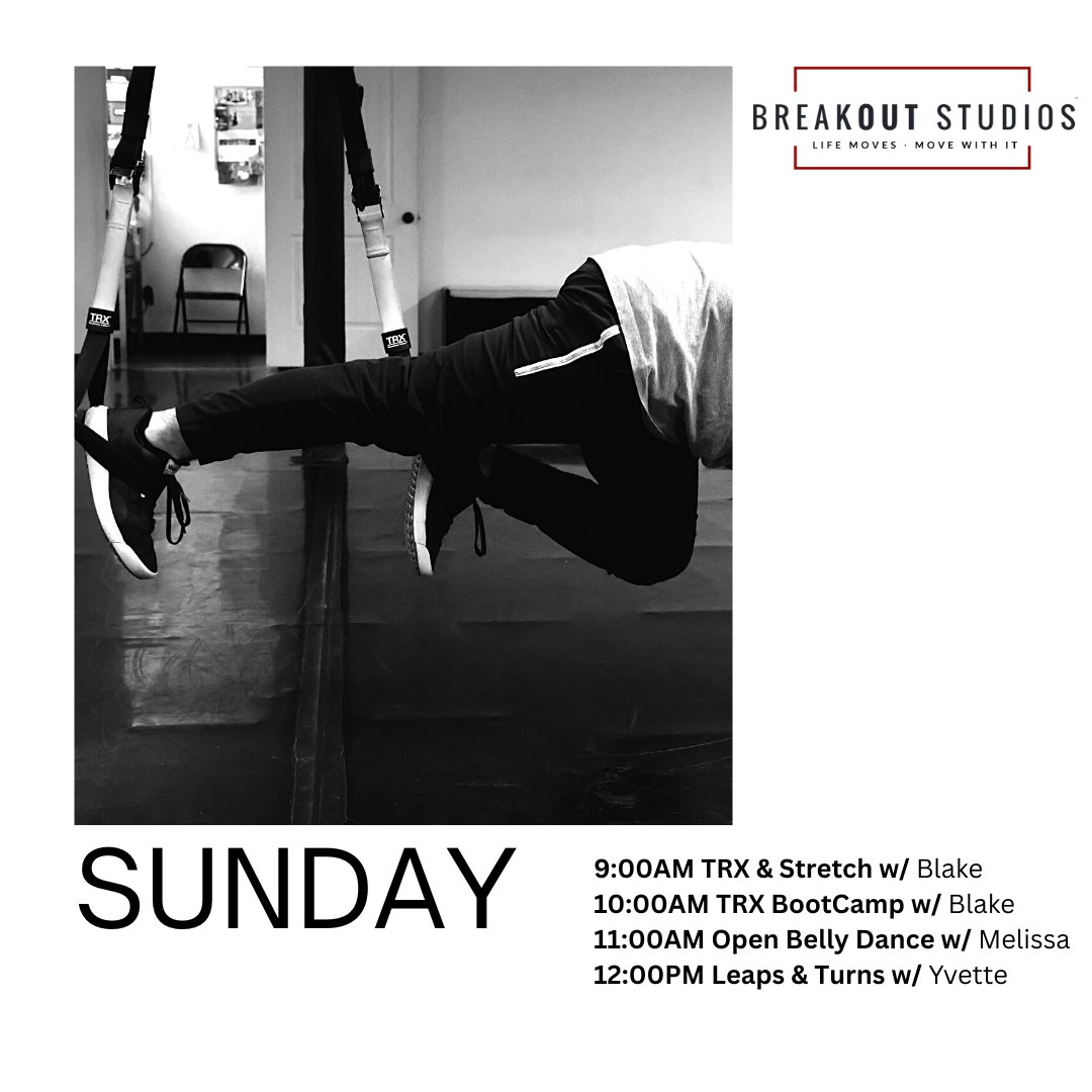 BreakOutStudios's tweet photo. Sun: 1/8
9:00AM #TRX &amp; #Stretch w/ Blake 
10:00AM TRX #BootCamp w/ Blake
11:00AM Open #BellyDance w/ Melissa 
12:00PM Leaps &amp; Turns w/ Yvette
Sign up: https://t.co/mninlbadfv

#breakoutstudios #sunday #tucson #thisistucson #follow #uarizona #fitness #studio #dancestudio #dancer https://t.co/aYiQ8YmJfe