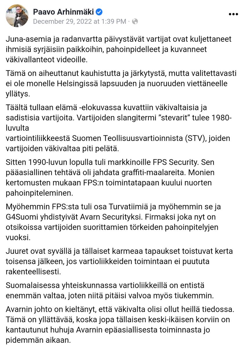 kasvismafioso's tweet photo. Ensin #Avarn'in #järjestyksenvalvojat jäävät kiinni pahoinpitelyistä, nyt #Securitas'n #vartijat tappoivat ihmisen kauppakeskuksessa. Tämä #väkivalta ei ole valitettavasti mitään uutta, kuten #PaavoArhinmäki kirjoittaa.
--> https://t.co/SUapcvQj58
#stevarit #IsoOmena #savitakit https://t.co/AdDihmoPr6