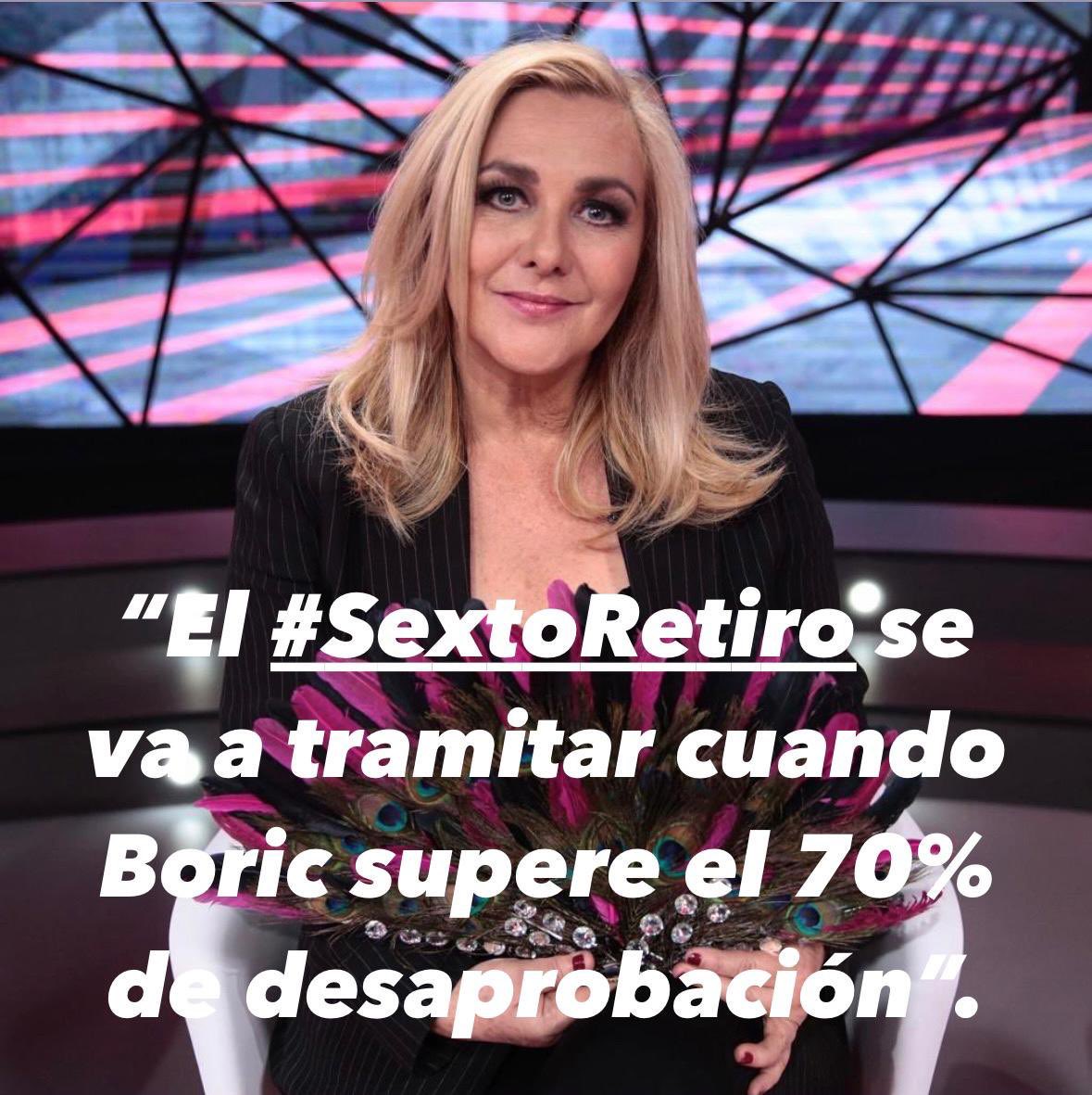 PamJiles's tweet photo. El #SextoRetiro va a ser tramitado cuando @GabrielBoric supere el 70% de desaprobación.
Falta poco. https://t.co/VGDqGwJax1