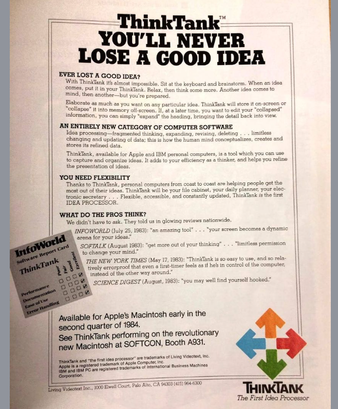 davewiner's tweet image. ThinkTank ad that ran in the first issue of MacWorld, January 24, 1984. 
#toolsforthought
