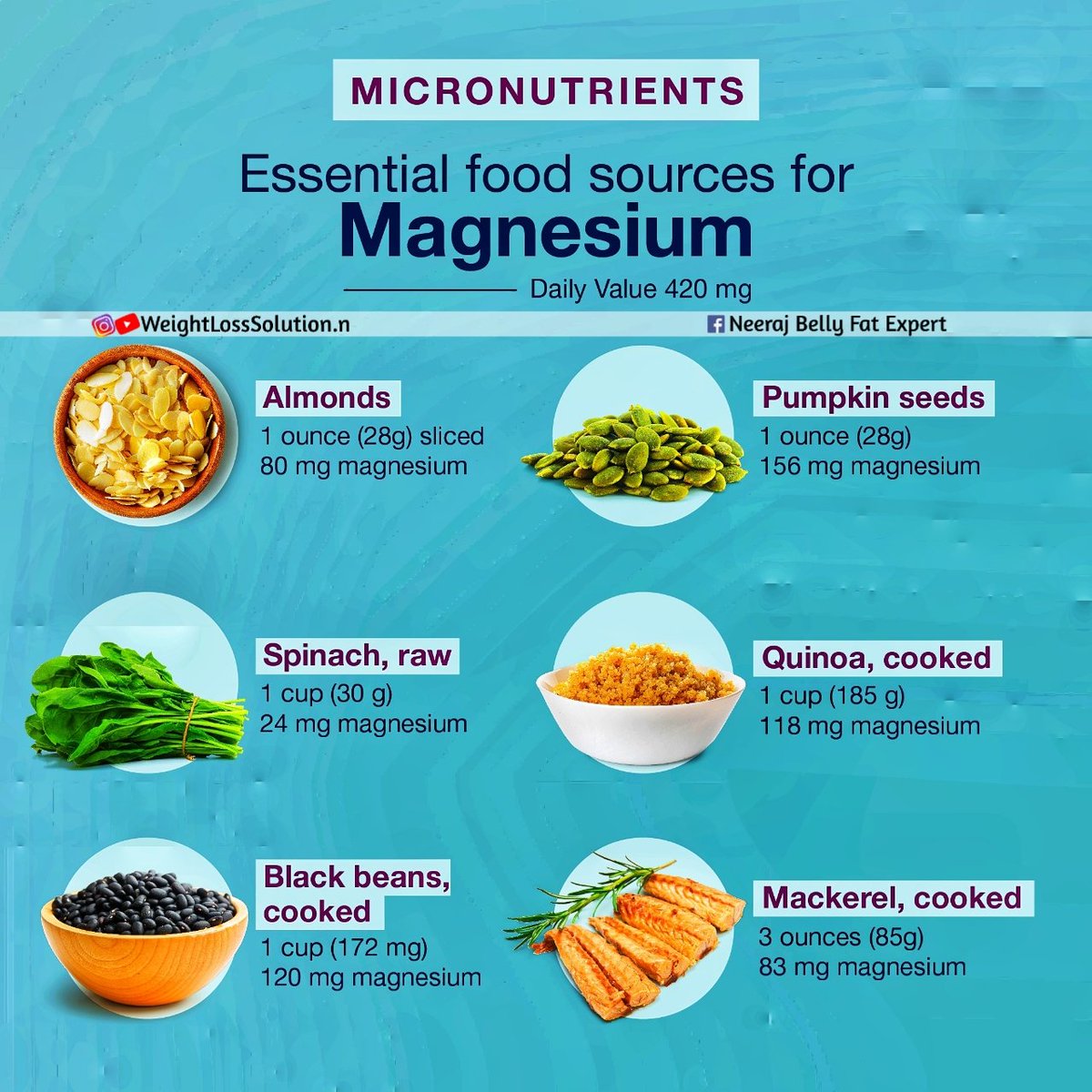 Neerajwellness's tweet photo. #Magnesium is crucial for your body by supporting muscle and nerve function. Ensure you're getting your daily recommended intake by consuming these foods

#supplements #neerajwellnesscoach #weightlosssolution.n #weightloss #tummyfat #flattummy #bellyfat #bellyburne https://t.co/W4yRhWtkUj