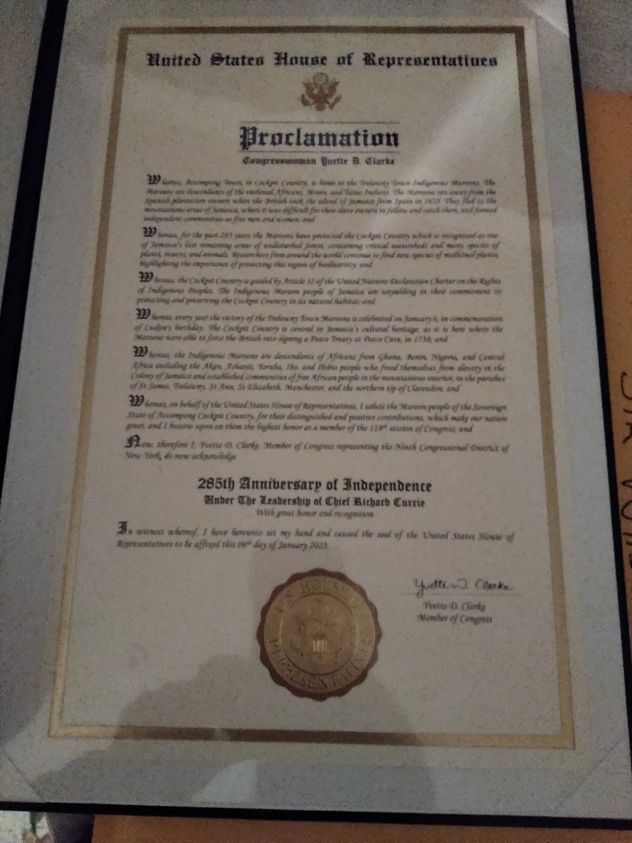ChiefCurrie's tweet photo. @realhughj @sainty876 @realhughj when you make a statement about something being false make sure you do your due diligence first. Peace be upon you. Don’t start with negativity and hate.. use love first and you see the light in your life. Here is the official proclamation presented to Accompong. https://t.co/jgMZOeTRJ7