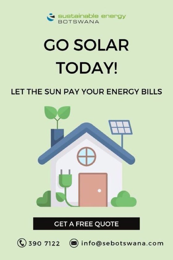 ASEBotswana's tweet photo. Make your smartest investment this year! We will save you money, create a risk free lower carbon footprint and give you the freedom to generate your own electricity from the sun🌞

Call us or email us for a FREE consultation 
📞 390 7122 
Or 
✉️ info@sebotswana.com https://t.co/QlM2HIanXS