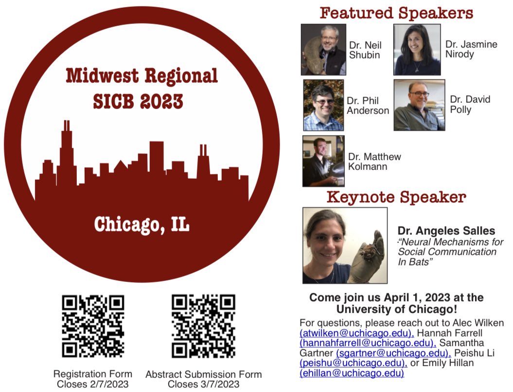 Hey #SICB2023 <a href="/SICB_DCB_DVM/">SICB DCB-DVM</a> <a href="/SICB_/">SICB</a> sad that SICB is over? Want to keep the party going? Come join us at UChicago March 31 &amp; April 1 for Midwest Regional SICB!! Registration closes Feb 7 and abstract submission March 7. If you have any questions please reach out!!
