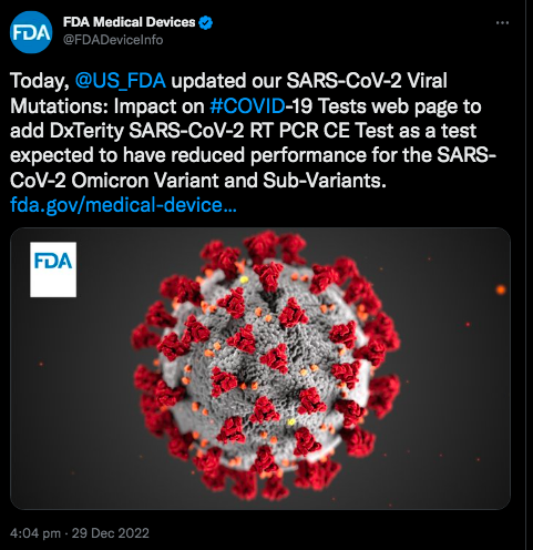 FDA hurreidly put out this warning about flase negatives in Covid PCR tests on the 29 Decemeber: showing 'significantly reduced sensitivity' to XBB and other 'Omicron' variants: