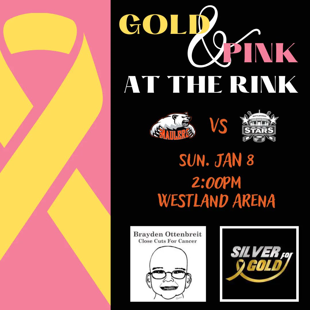 YorktonMaulers's tweet photo. Join us at 2pm for our Gold and Pink at the Rink game!  Silver collection, pop tab collection, raffle items, silent auction items availabe during the game, and LIVE auction for the jerseys worn following the game! Proceeds to be going to Silver for Gold, and Close Cuts For Cancer https://t.co/AMdHbrE7YJ