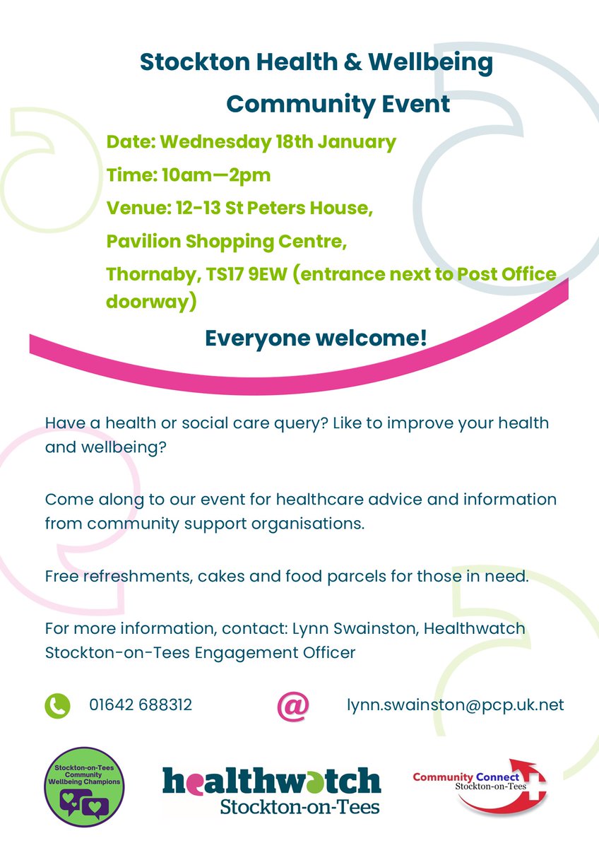 Join <a href="/HwStockton/">Healthwatch Stockton-on-Tees</a> next community event, with <a href="/Well_Champs/">Stockton-on-Tees Community Wellbeing Champions</a>, @CommConnectSton and other community support organisations to help with your health, wellbeing or social care queries.

Contact Lynn Swainston:
Email: lynn.swainston@pcp.uk.net
M: 07593 549525
T: 01642 688312