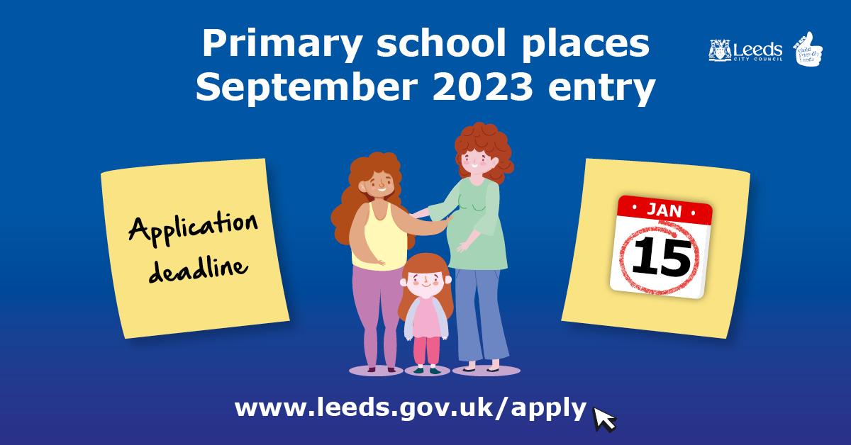 There’s only a week left to apply for your child’s Reception place for September 2023. Primary school applications close on 15 January 2023. 

Not sure what to do? Our video guide will help! orlo.uk/KPP8V

More info: orlo.uk/aeaD4 

#GoToSchoolInLeeds
