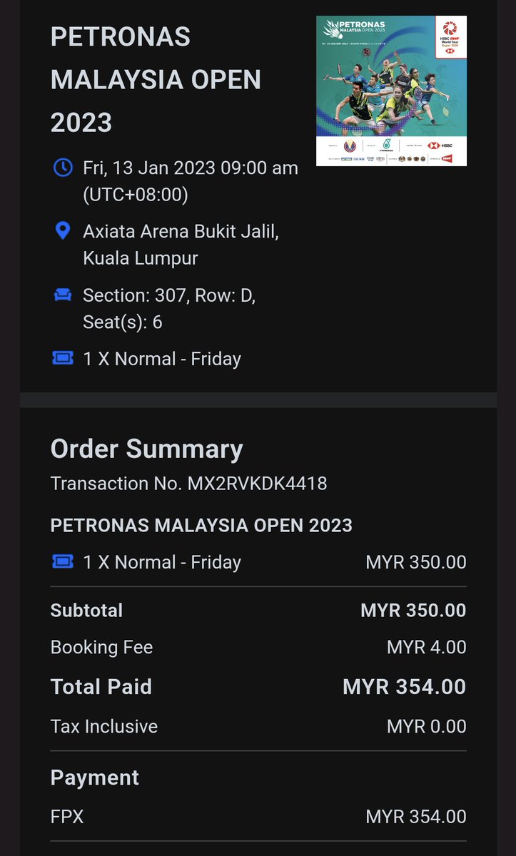 akemasyraf's tweet photo. [WTS] #PMO2023 #PETRONASMalaysiaOpen2023 Ticket - QF (Friday)

1x VIP 307 row D seat 6
(best front view)

Price: RM300! Discounted from original price RM354.

Reason: extra

Help me RT please @craigansibin @theone_xyz 😄 https://t.co/J1nWqXx4e2
