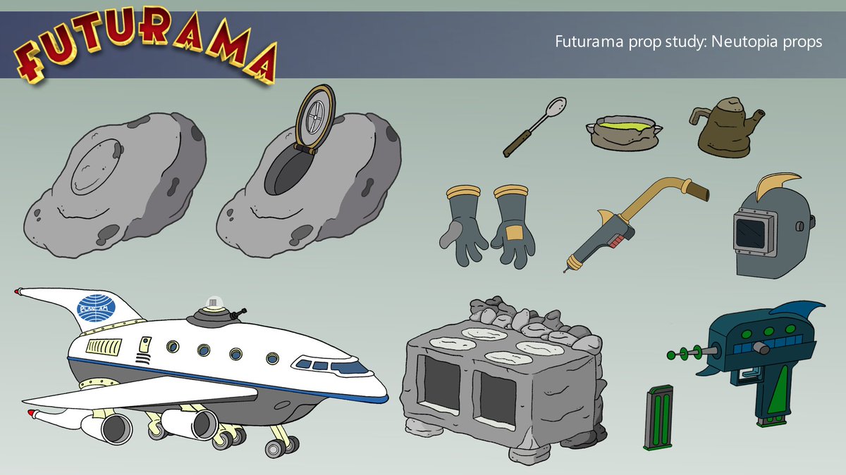 QuickdrawCass's tweet photo. My first batch of Futurama props I did for a class assignment my last semester at CCS. I had to get a Futurama script and design 5 props I chose.  I was super proud of the Planet Express ship! Was totally out of my comfort zone. https://t.co/QvGW6sJumM