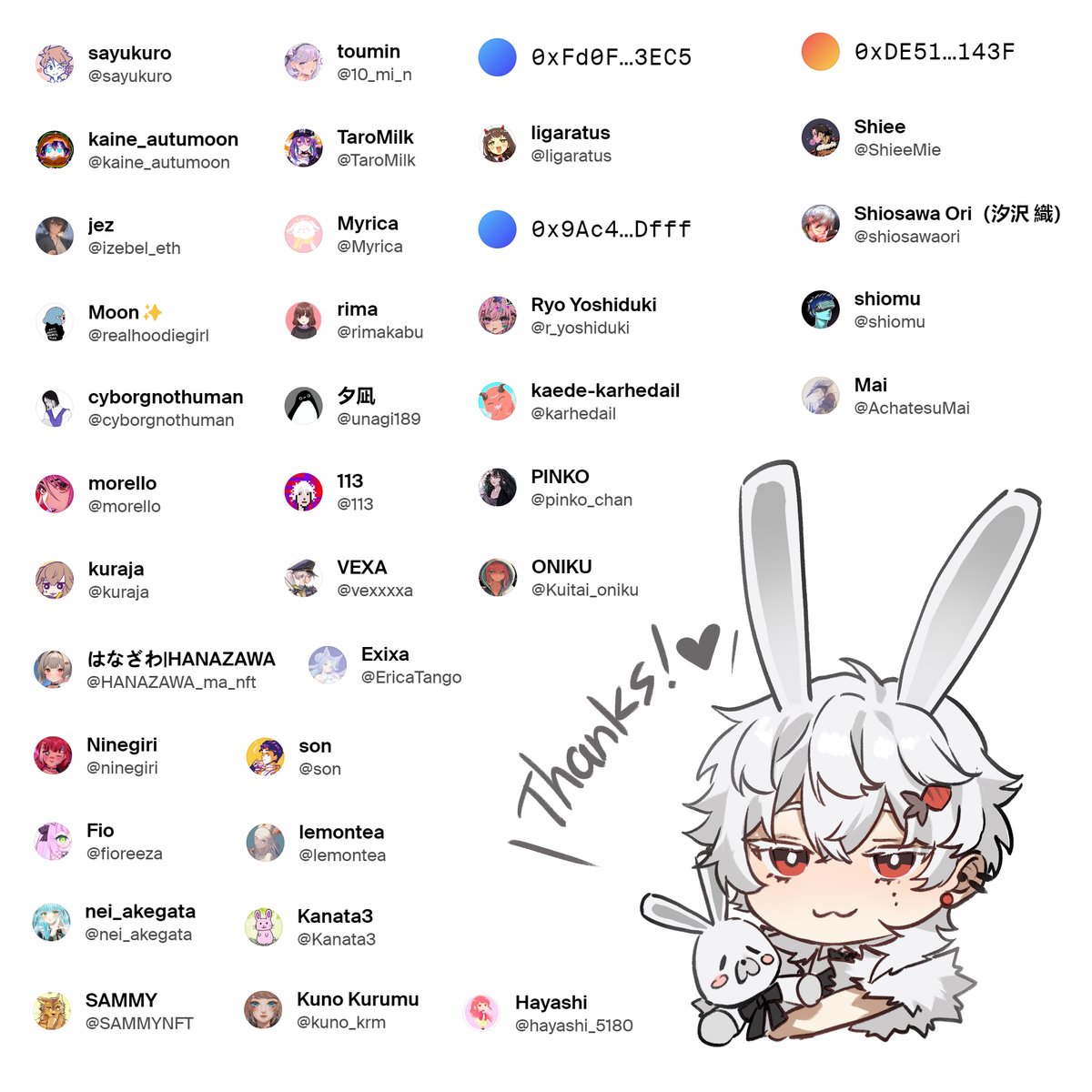 🥕MR.RABBIT2023🐰
Manifold open editionが終了しました！
37人にお迎えして頂くことができて驚きました😭❤️
皆様あけましておめでとうございます！
NFTを始めて2ヶ月経ちました！皆様のご応援があってこそここまで来れました！これからも色々精進していきます！よろしくお願いします！✨