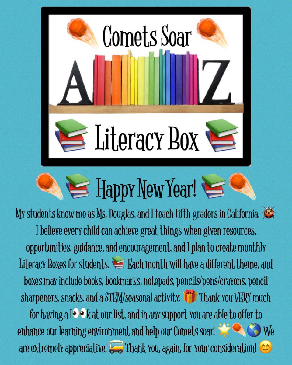 LisaNagoya's tweet photo. ☄️📚Comets Soar Literacy Boxes📚☄️
1️⃣ Teachers recommend👩🏼‍🏫 
2️⃣ Students apply📝
3️⃣ Students notified☎️
4️⃣ Students pick up their personalized box &amp; enjoy the treasures💎
5️⃣ Plz RT or #help ➡️ https://t.co/SOo5iXjZDY
#NewYear #NewProgram #LitBox #YesuaryWithAlane @AlaneAdamsBooks https://t.co/cco0uF5wdk