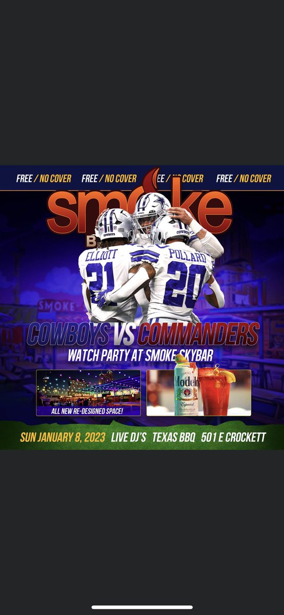 🚨Sunday January 8, 2023🚨 Catch the Dallas Cowboys Game at Smoke BBQ+Skybar and check out our ALL NEW Re-Designed Space! More TV's, New Layout, Covered Roof and more! We will have Texas BBQ, Drink Specials, 2 Big Screens, Game Sound ON, Games and more! 501 E Crockett.